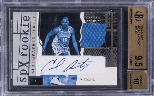 2003-04 Upper Deck SPx #153 Carmelo Anthony Signed Jersey Rookie Card (#267/750) - BGS GEM MINT 9.5/BGS 10